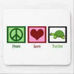 Peace Love Turtles Mouse Mat<br><div class="desc">A green peace sign, a heart, and an adorable turtle.</div>