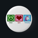 Peace Love Unicorns 6 Cm Round Badge<br><div class="desc">A green peace sign,  a red heart,  and a pretty unicorn with a cute purple mane. I love fantasy animals and unicorns are my favourite. Add this beautiful unicorn gift to your collection.</div>