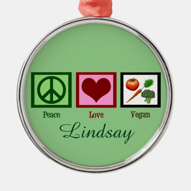Peace Love Vegan Custom Green Metal Tree Decoration (Front)