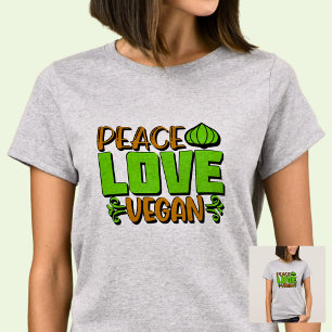 Peace Love Vegan Green Brown on T-Shirt