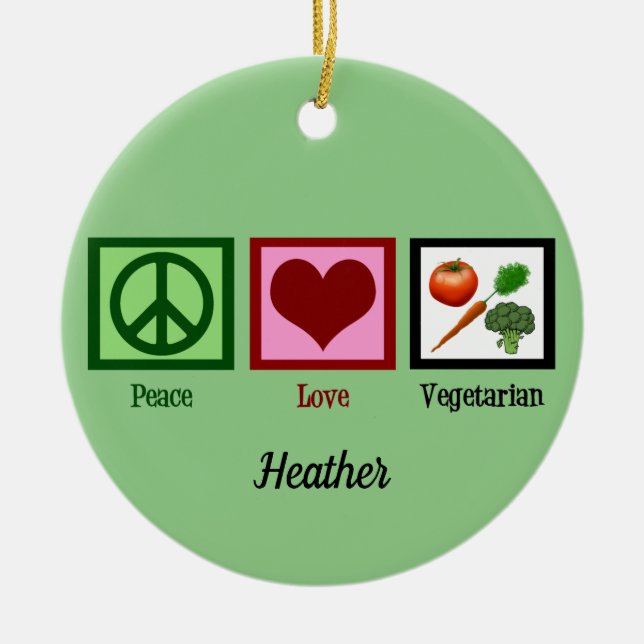 Peace Love Vegetarian Green Monogram Christmas Ceramic Tree Decoration (Front)