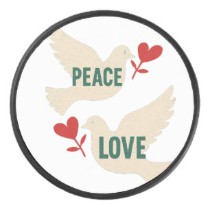 Peace & Love Vintage Dove Art with Heart Motif Hockey Puck