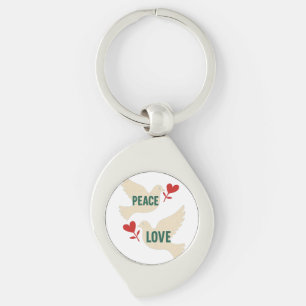 Peace & Love Vintage Dove Art with Heart Motif Key Ring