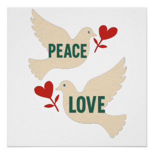 Peace & Love Vintage Dove Art with Heart Motif  Poster