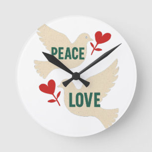 Peace & Love Vintage Dove Art with Heart Motif  Round Clock