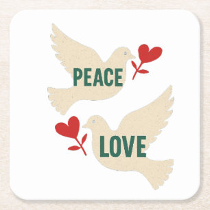 Peace & Love Vintage Dove Art with Heart Motif Square Paper Coaster