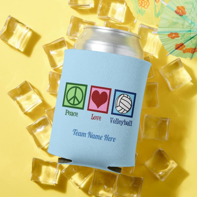 Peace Love Volleyball Custom Team Name Cute Blue Can Cooler (In Situ Summer)