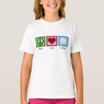 Peace Love Volleyball Girls T-Shirt<br><div class="desc">A peace sign,  heart,  and a pretty volleyball in blue on a cute kids t-shirt. I love volleyball,  beach,  indoor,  you name it! Peace Love Volleyball Girls T-Shirt.</div>