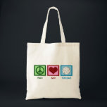 Peace Love Volleyball Tote Bag<br><div class="desc">A peace sign,  heart,  and a pretty volleyball on a blue square. I love volleyball,  beach,  indoor,  you name it!</div>