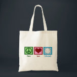 Peace Love Volleyball Tote Bag<br><div class="desc">A peace sign,  heart,  and a pretty volleyball on a blue square. I love volleyball,  beach,  indoor,  you name it!</div>