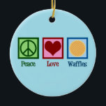 Peace Love Waffles Ceramic Tree Decoration<br><div class="desc">A cute waffle lover gift for a breakfast diner or cafe that serves yummy food. Peace Love Waffles. Funny waffle lover present.</div>