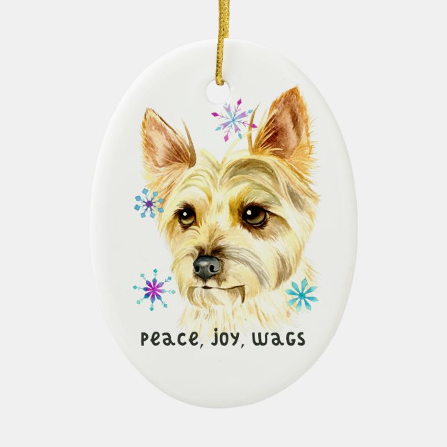Peace Love Wags Christmas Yorkie Dog Ceramic Tree Decoration (Front)