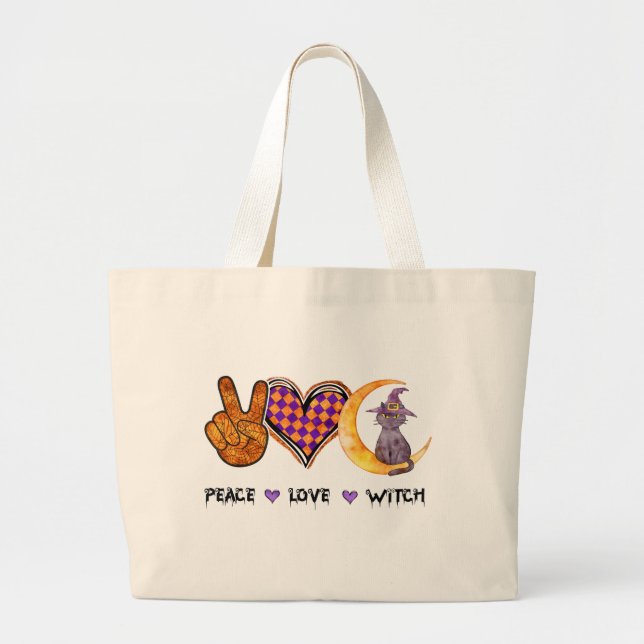 Peace Love Witch – Halloween Design Large Tote Bag (Front)