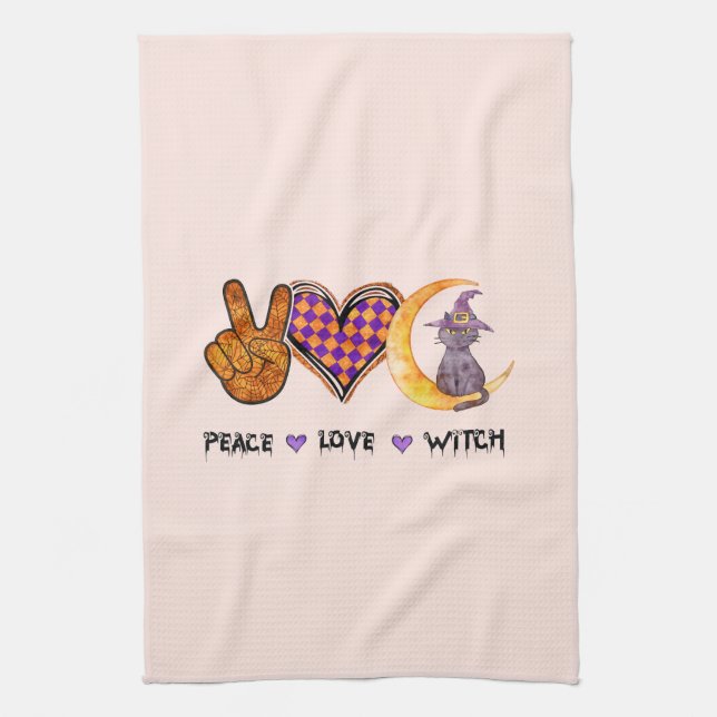 Peace Love Witch – Halloween Design Tea Towel (Vertical)