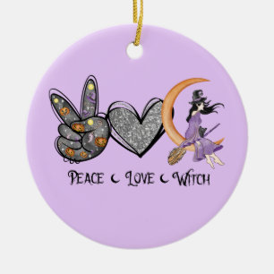 Peace, Love, Witch – Peace Sign, Heart & Witch Ceramic Tree Decoration