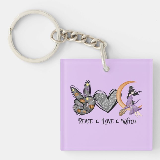 Peace, Love, Witch – Peace Sign, Heart & Witch Key Ring (Front)