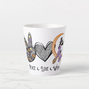 Peace, Love, Witch – Peace Sign, Heart & Witch Latte Mug
