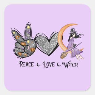 Peace, Love, Witch – Peace Sign, Heart & Witch Square Sticker