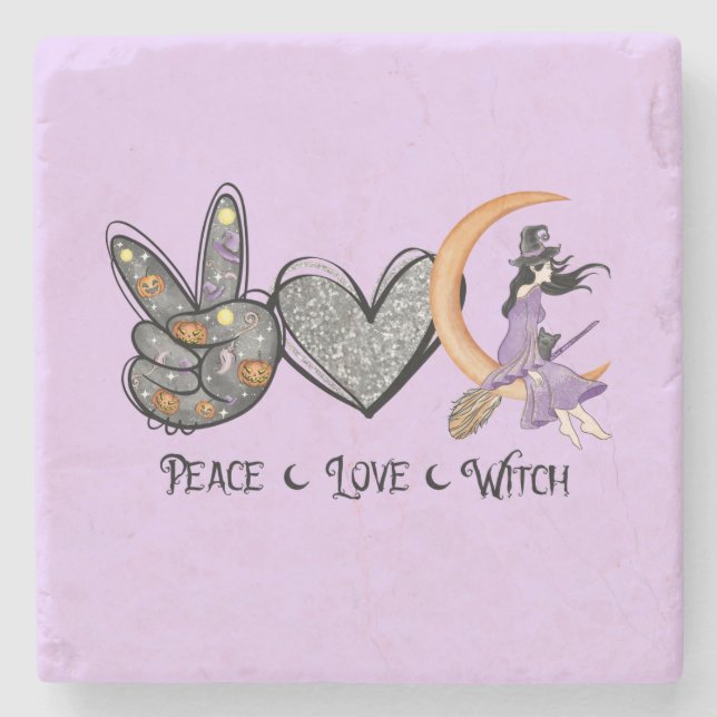Peace, Love, Witch – Peace Sign, Heart & Witch Stone Coaster (Front)