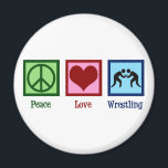 Peace Love Wrestling Magnet<br><div class="desc">Peace Love Wrestling. Cool wrestler gift with a peace sign,  heart,  and two guys grappling in a joint lock in a wrestling match in the ring. Awesome wrestling coach present from someone who wrestles on a team.</div>