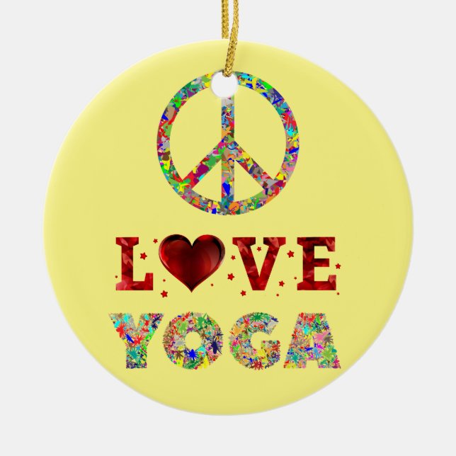 Peace Love Yoga Colourful Spiritual Ceramic Tree Decoration (Front)