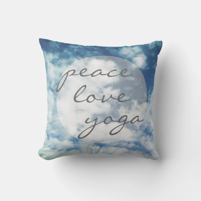 peace love yoga pillow with blue sky and clouds (Front)