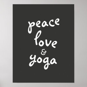 peace love yoga typography poster grey and white