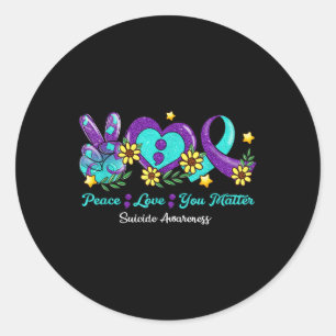 Peace Love You Purple Teal Ribbon Suicide Awarenes Classic Round Sticker
