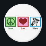 Peace Love Zebras Magnet<br><div class="desc">A pretty animal gift featuring a green peace sign,  a red heart,  and a cute black and white zebra. I love beautiful wild animals.</div>