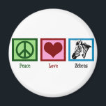 Peace Love Zebras Magnet<br><div class="desc">A pretty animal gift featuring a green peace sign, a red heart, and a cute black and white zebra. I love beautiful wild animals.</div>