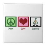 Peace Love Zombies Tile<br><div class="desc">A peace sign,  heart,  and a zombie.</div>
