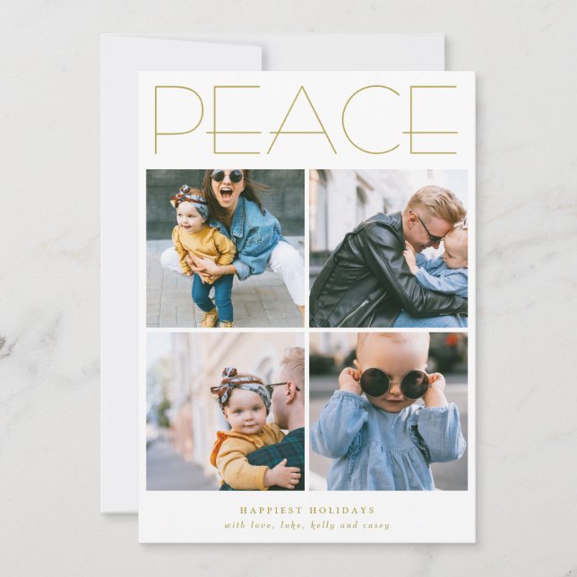 PEACE Minimalist Four Photo Collage Custom Holiday Card (Front)