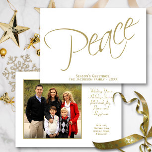 Peace. Minimalist Gold Script Typography Photo Holiday Card