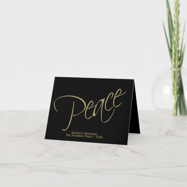 Peace. Minimalist Modern Black & Gold Chic Photo Holiday Card (Front)