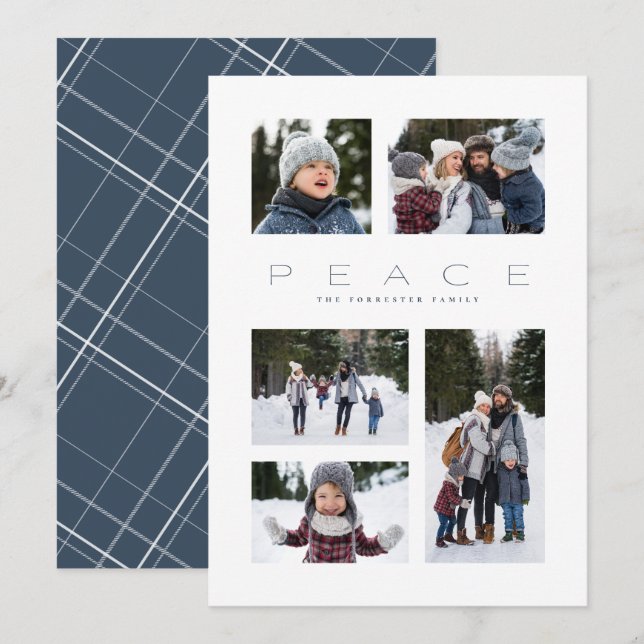 Peace modern minimal 5 photo blue Christmas Holiday Card (Front/Back)