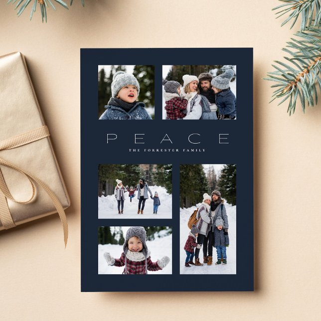 Peace modern minimal 5 photo navy Christmas Holiday Card (Creator Uploaded)
