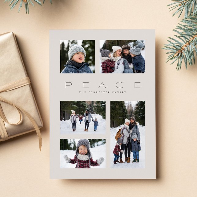 Peace modern minimal 5 photo neutral Christmas Holiday Card (Creator Uploaded)
