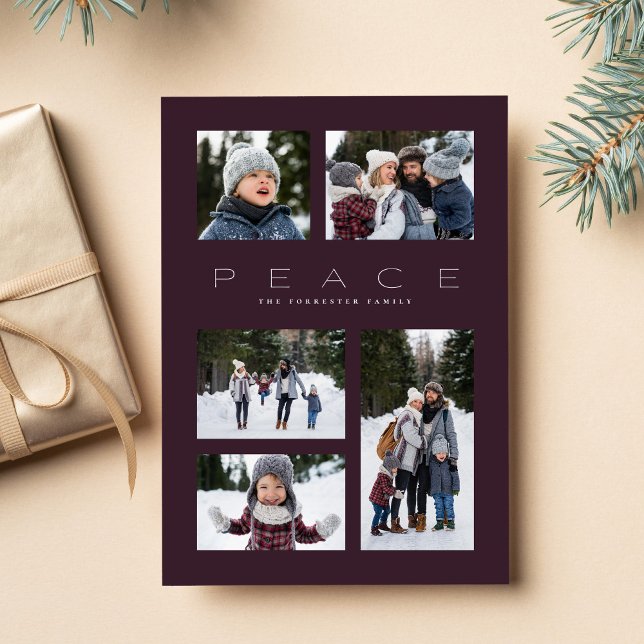 Peace modern minimal 5 photo purple Christmas Holiday Card (Creator Uploaded)