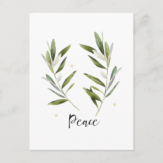PEACE, olive leaf ,Christmas, Holiday, watercolor, Invitation Postcard (Front)