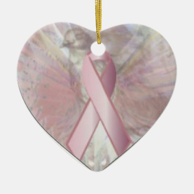 Peace On Angelic Wings Pink RibbonOrnament-Cust. Ceramic Tree Decoration (Front)