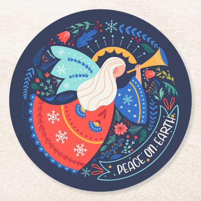 Peace on Earth Angel Design Round Paper Coaster (Front)