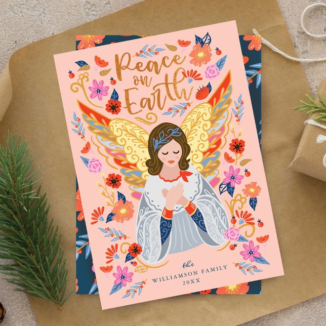 Peace on Earth Angel Floral Folk Art Blush Pink Holiday Card (Peace on Earth Angel Floral Folk Art Blush Pink Holiday Card)