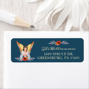 Peace on Earth Angel Floral Folk Art Deep Blue