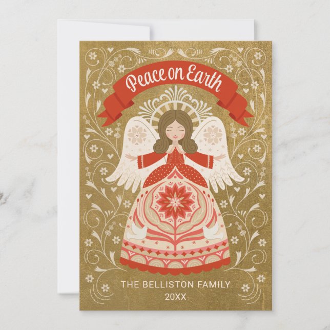 Peace on Earth Angel Folk Art Holiday Card (Front)