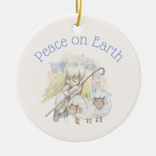 Peace on Earth Angel Shepherd & Lambs Ceramic Tree Decoration (Front)