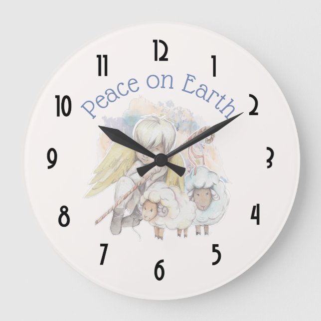 Peace on Earth Angel Shepherd & Lambs Large Clock (Front)