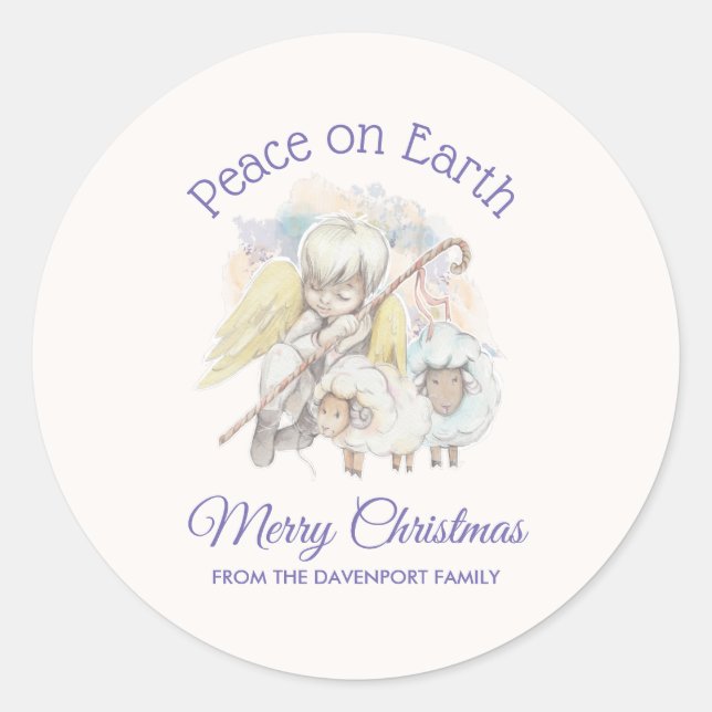 Peace on Earth Angel Shepherd with Lambs Christmas Classic Round Sticker (Front)