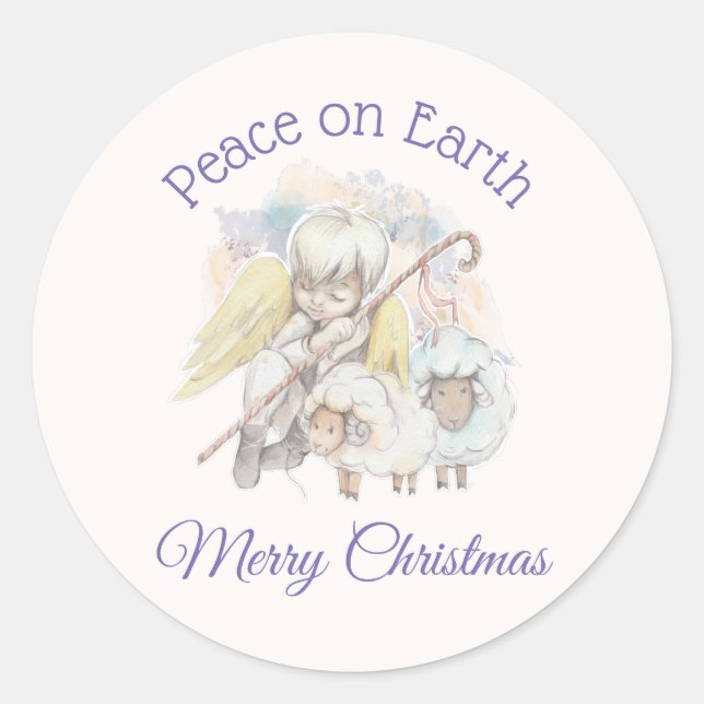 Peace on Earth Angel Shepherd with Lambs Christmas Classic Round Sticker (Front)