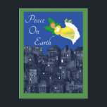 Peace on Earth Angel with Dove Flat Card<br><div class="desc">Folk Art Angel and white doves flies over a nighttime city in search of a peaceful holiday season. Peace on Earth is a wonderful message for Christmas,  Hanukkah,  or other holidays you wish to celebrate. Add your own personal message on the back.</div>