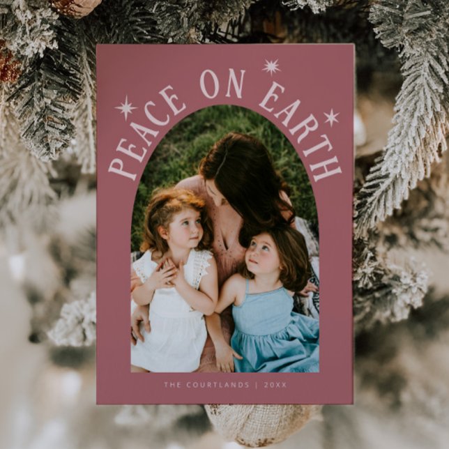 Peace On Earth Arch Photo Pink Christmas Holiday Card (Creator Uploaded)